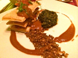 Pulled Raan in a flaky Indian flatbread Mille Feuille with crunchy mouthfuls of Puy Lentils
